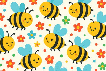 Playful Bees Pattern Design, Colorful Floral Background, Fun Graphic Art