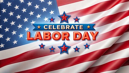 Celebrate Labor Day text with American flag background and stars
