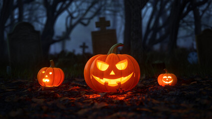 Spooky Halloween Jack-o'-lanterns in a Dark Cemetery