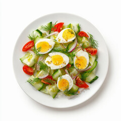 Light diet salad with eggs and small tomatoes isolated on a white background top view