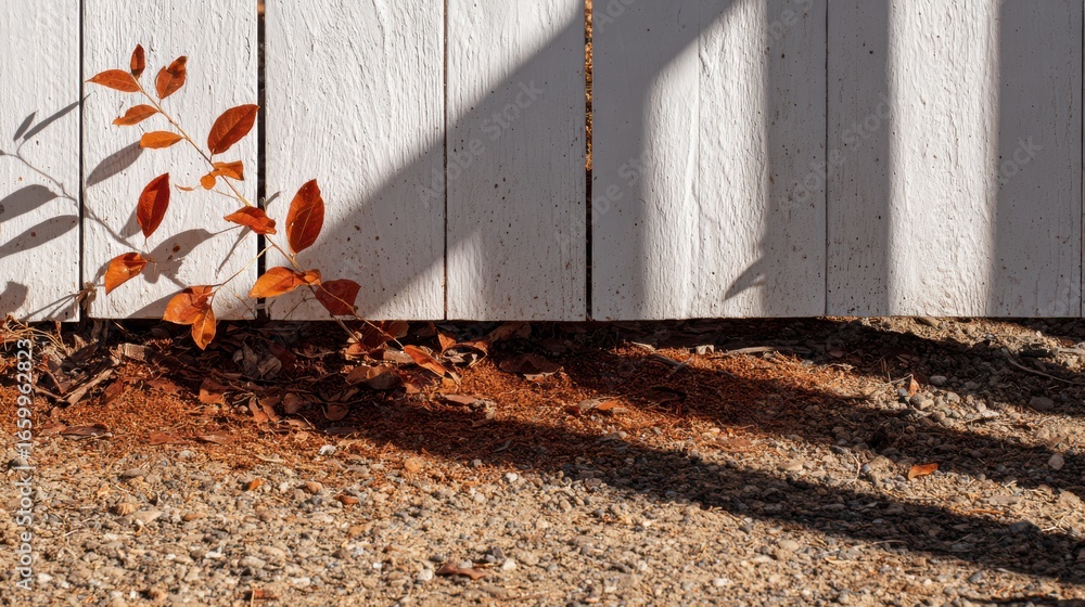 Poster warm fall atmosphere captured in the contrasting textures of rust leaf shadows and the smooth lines 