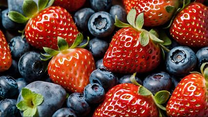 Fresh Strawberries and Blueberries on Rustic Wooden Surface – Vibrant Summer Fruit Photography Healthy Eating, Organic Recipes, Farm-to-Table Lifestyle, Natural Produce Promotion, 32K Revolutions 