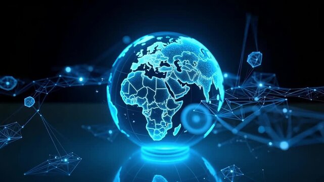 Glowing digital globe rotating with connected network nodes for global technology concept - Powered by Adobe