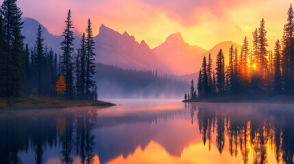 Fototapeta premium Golden hour splendor: Serene lake reflecting mountains and forest at sunset creating a tranquil