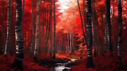 Red trees in the forest during fall.