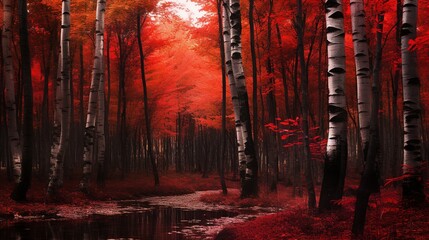 Fototapeta premium Red trees in the forest during fall.
