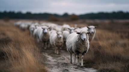 Obraz premium Herd of sheep walking along a dirt path in the countryside landscape