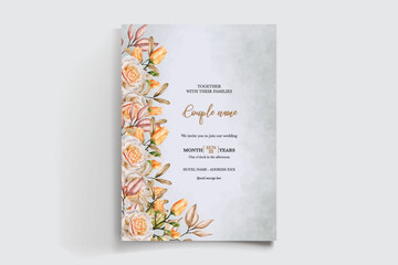 WEDDING INVITATION FRAME WITH FLOWER DECORATIONS AND FRESH LEAVES