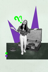 Vertical artwork collage poster of puzzled girl man show empty suitcase coin dollar loss inflation...