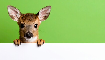 Fototapeta premium A curious young deer peeking over a blank space. The fawn appears against the green background, gazing curiously