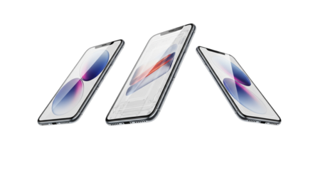 Realistic models smartphone with transparent screens. Smartphone mockup collection. Device front view. 3D mobile phone with shadow on transparent