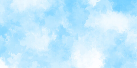 Abstract background with panorama of blue sky and white cloud nature design. horizon spring morning sky with clouds background. hand painted watercolor shades sky clouds.