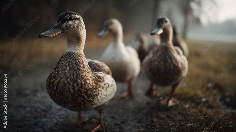 Poster ducks walking in a line on a farm path going about their daily routine