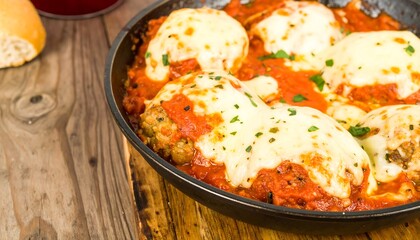 Savory meatballs topped with melted cheese in a tomato sauce