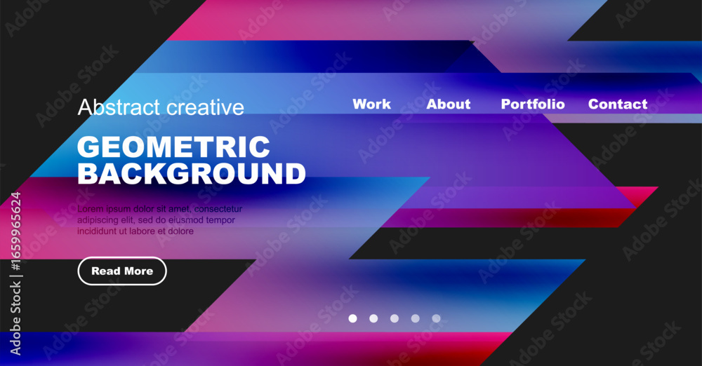 Poster modern website design features vibrant geometric shapes, text overlay, navigation menu. dark backgro