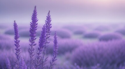 Fototapeta premium Lavender field perspective: Soft, purple hues in a misty dawn landscape; close-up view of several lavender stalks, showcasing subtle texture and delicate detail against
