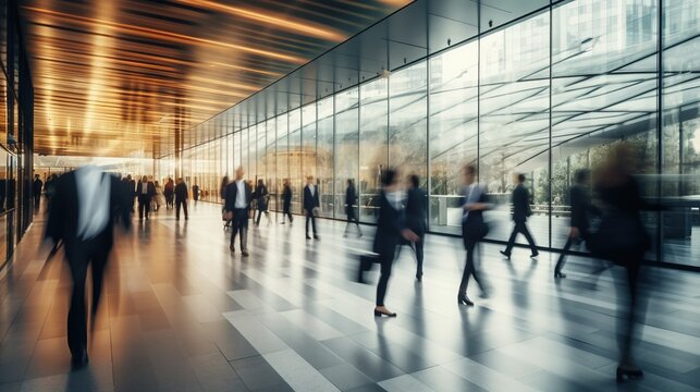 Long exposure shot of crowd of business people walking in bright office lobby fast moving with blurry,
