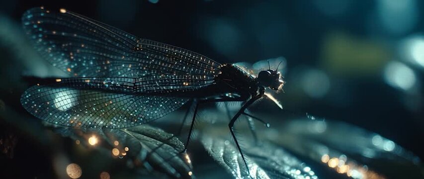 Anamorphic video mesmerizing close-up of a dragonfly perched on leaf