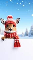 a charming deer adorned in a winter hat and scarf in a snowy landscape. The adorable deer is peering out and looks cute in the snowscape.