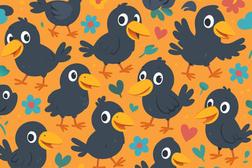 Fun Action Pattern, Cartoon Birds, Bright Background, Illustration Style