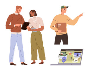 Team collaboration with two colleagues reviewing notes, one gesturing, and a laptop showing online project tools. Ideal for teamwork, planning, communication, ideas exchange, projects, education