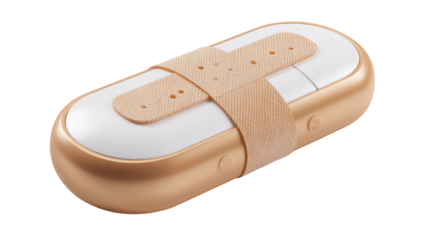 A gold-colored, pill-shaped object wrapped in a beige band-aid