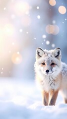 Obraz premium A captivating image of a majestic arctic fox, a creature of elegance and grace, standing in a winter wonderland filled with snow, surrounded by gentle bokeh lights