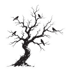 Fototapeta premium Twisted spooky tree silhouette in detailed engraving style, perfect for Halloween, gothic, horror, and eerie dark atmosphere design.