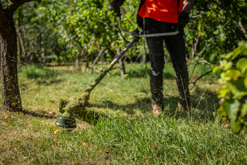 Close up of grass. In background is worker in special reflective clothing with a gasoline mower in...