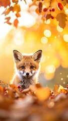 Obraz premium An adorable fox cub in the midst of a vibrant autumn scene, surrounded by colorful leaves and a warm, golden light