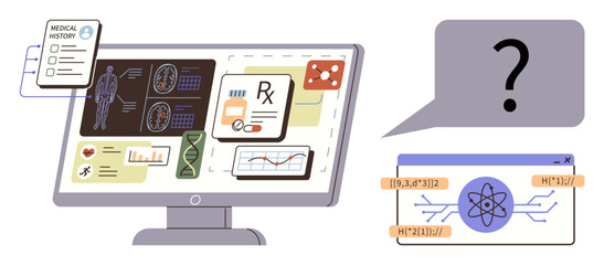 Computer screen displaying patient records, DNA, charts, and AI molecular diagrams with a question mark chat bubble. Ideal for healthcare, AI solutions, biotechnology, diagnostics, innovation