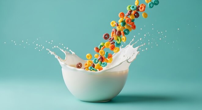 Colorful cereal splashing into a bowl of milk, creating a dynamic and refreshing breakfast scene with a vibrant blue background - Powered by Adobe