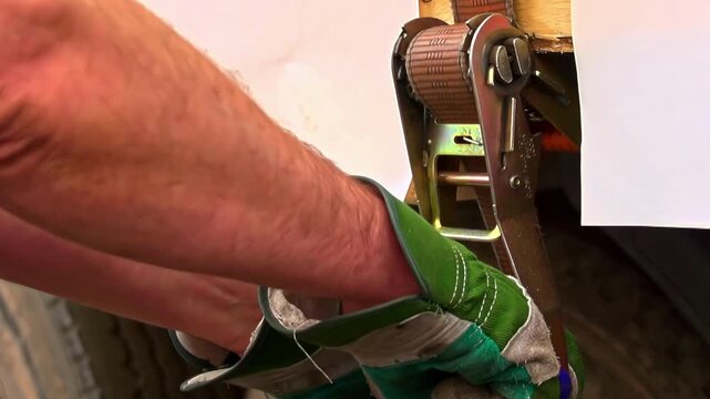 Close-up of a ratchet strap being tightened on a truck to secure the cargo safely.