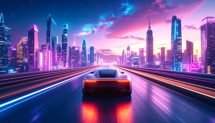 Fototapeta premium Futuristic cityscape unfolds with a stylish sports car in motion, illuminated by vibrant neon lights.