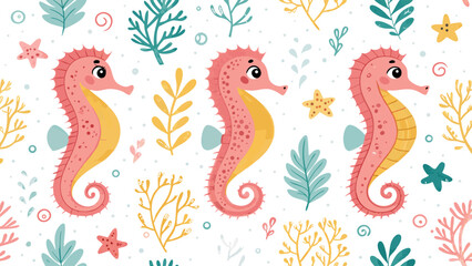 Fototapeta premium Underwater Adventure, Colorful Seahorses, Marine Life, Illustration, Coral Reef, Playful Design