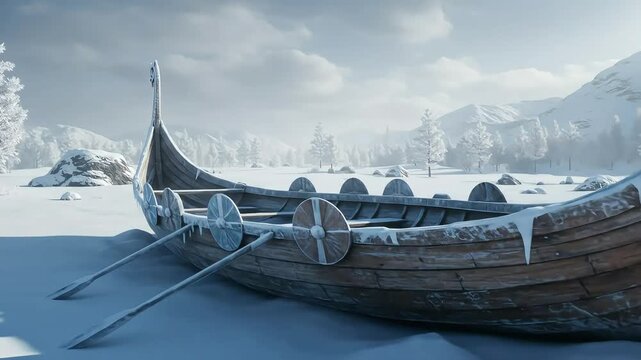 Frozen longship on snowy landscape