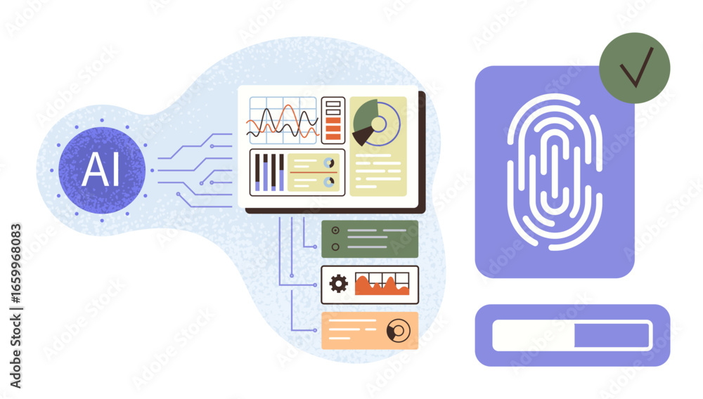 Aufkleber ai processing data with analytics charts on screen, fingerprint scan, and progress bar with green ch