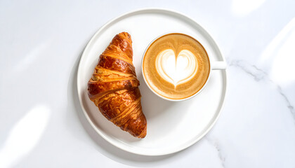 A fresh golden croissant and a cup of cappuccino with heart-shaped latte art on a white plate, viewed from above on a marble surface.