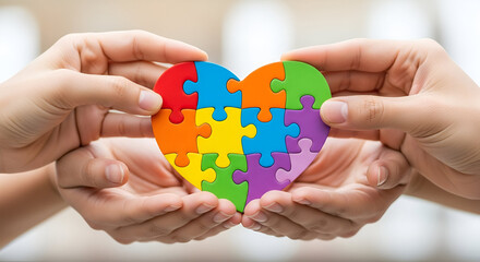 Two hands gently hold a colorful heart-shaped jigsaw puzzle, symbolizing unity and connection.