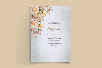 WEDDING INVITATION FRAME WITH FLOWER DECORATIONS AND FRESH LEAVES