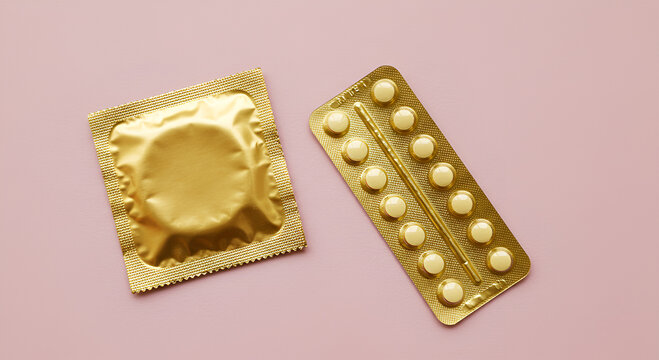A gold condom package and blister pack of pills are displayed on a light pink background.