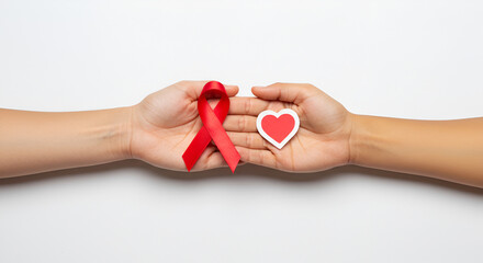 Two hands gently hold a red ribbon and a small heart, symbols of support and compassion.