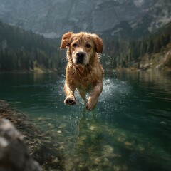 Golden retriever jumping into mountain lake to rescue child, brave lifeguard dog in water