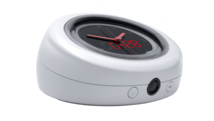 Modern white alarm clock with red hands & digital display, buttons on side