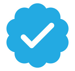 Flat blue badge with white checkmark, PNG icon with transparent background for interface status,...