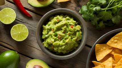 Delicious Homemade Guacamole with Chips and Fresh Ingredients A Vibrant Display of Authentic Mexican Cuisine Ready to Enjoy