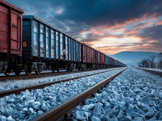 Fototapeta premium Cargo train with red containers moving on icy snowy railway track under dramatic winter sunset sky
