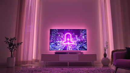 Modern Living Room with Smart TV and Pink Ambient Lighting