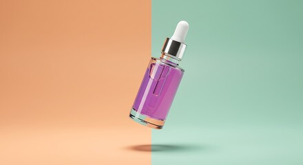 Botol serum mewah dengan pipet pada latar belakang pastel