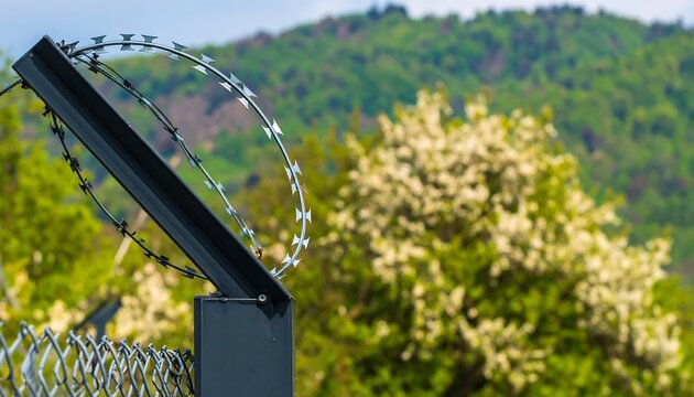 Razor wire fence against a blurred mountain backdrop